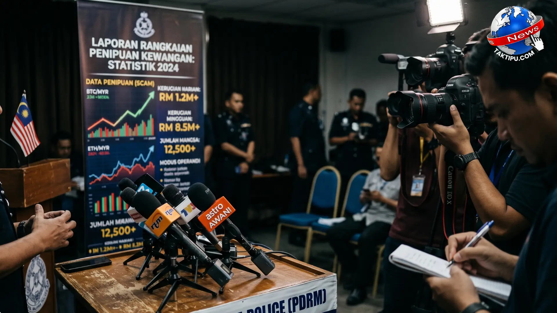 Gambar foto realistik sidang media pihak polis Johor menunjukkan fail siasatan kes penipuan pelaburan dalam talian.