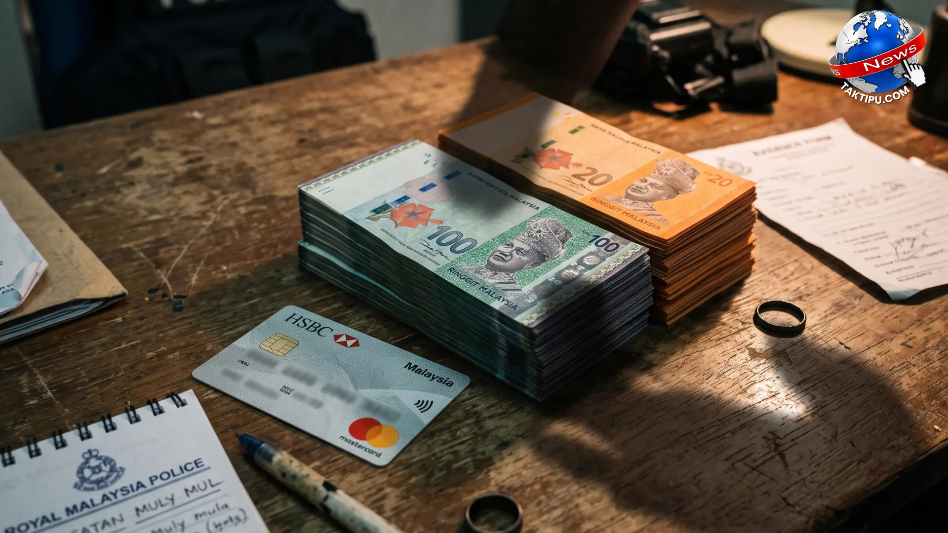 Gambar foto realistik susunan wang ringgit malaysia bersebelahan kad perbankan digital sivil.