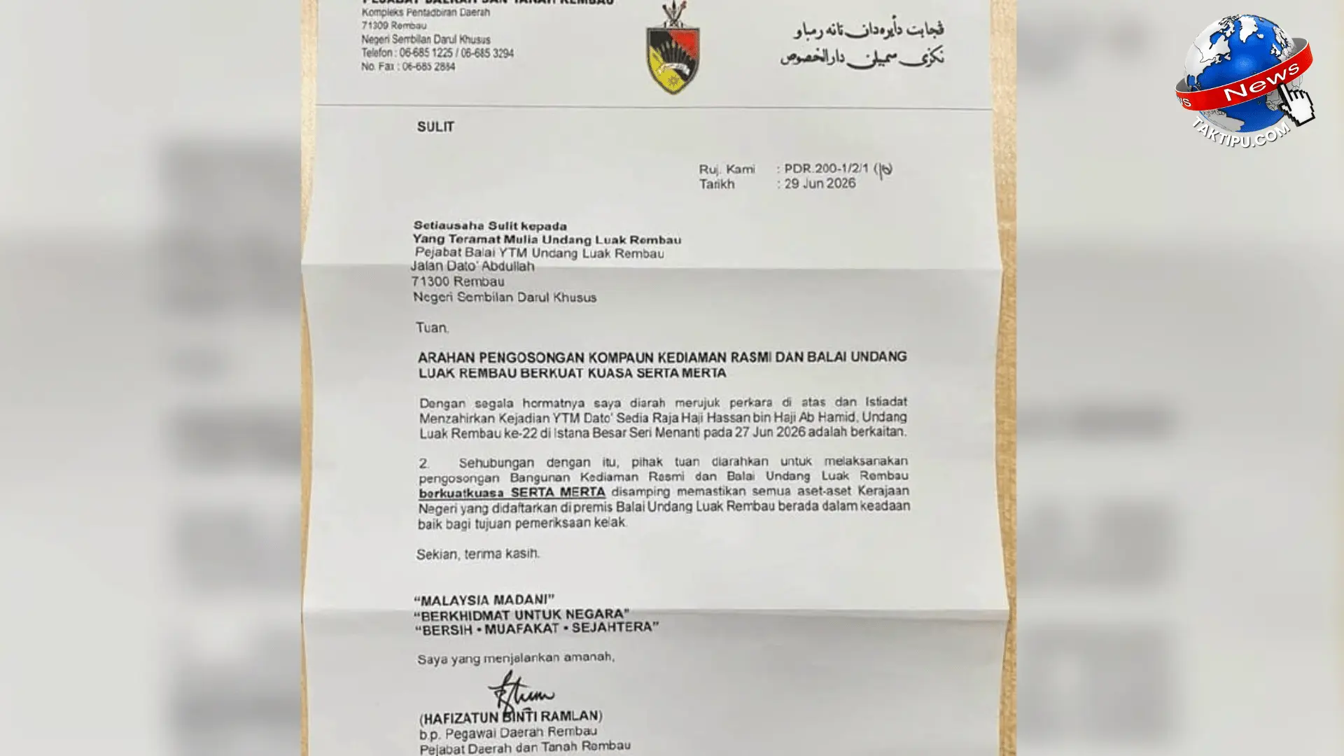 Balai Undang Luak Rembau diarah kosong serta merta bagi bangunan Pejabat Datuk Lembaga