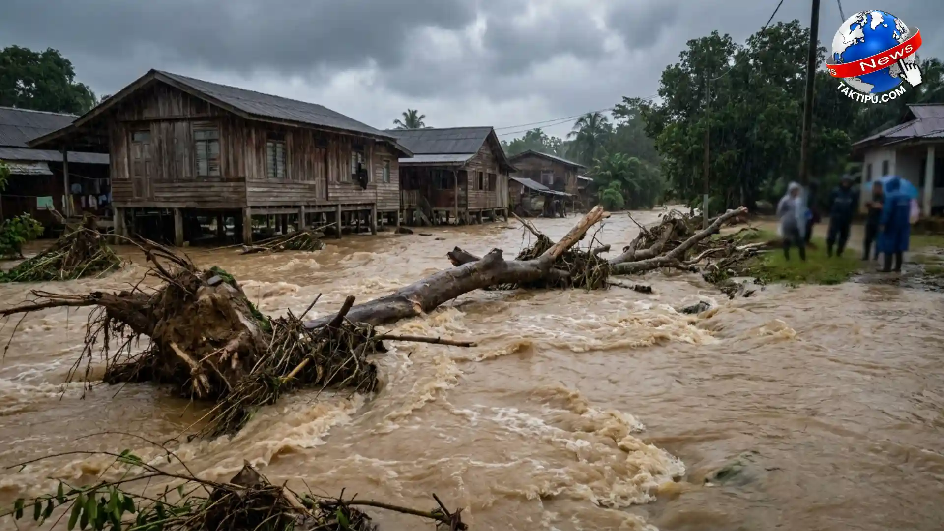 Batang kayu berselerak mengikut arus sungai dalam kejadian kepala air di Yan Kedah