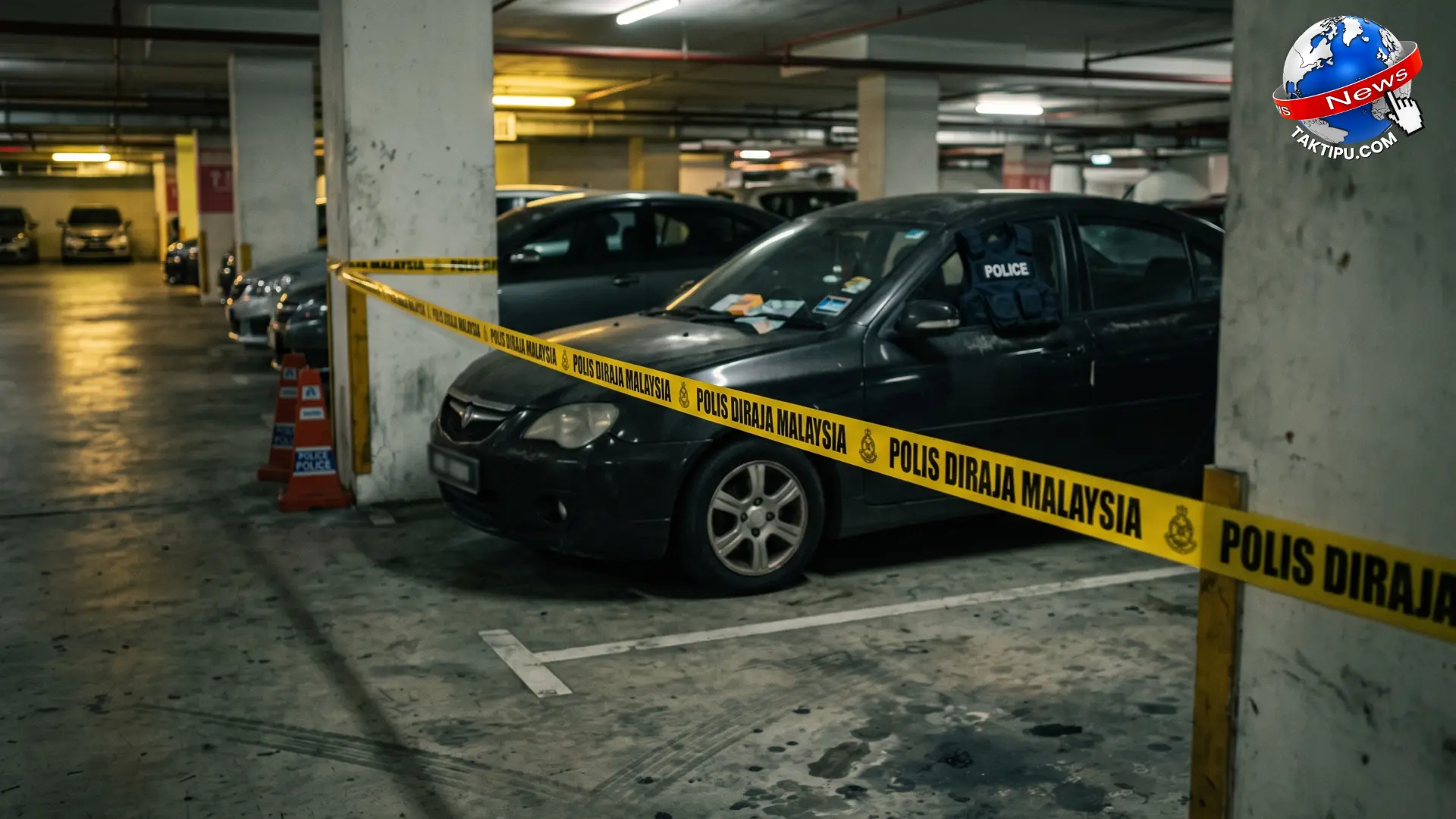 Gambar foto realistik garisan kuning polis dipasang di kawasan petak parkir kereta bawah tanah sivil Malaysia. Kes samun taktik bius