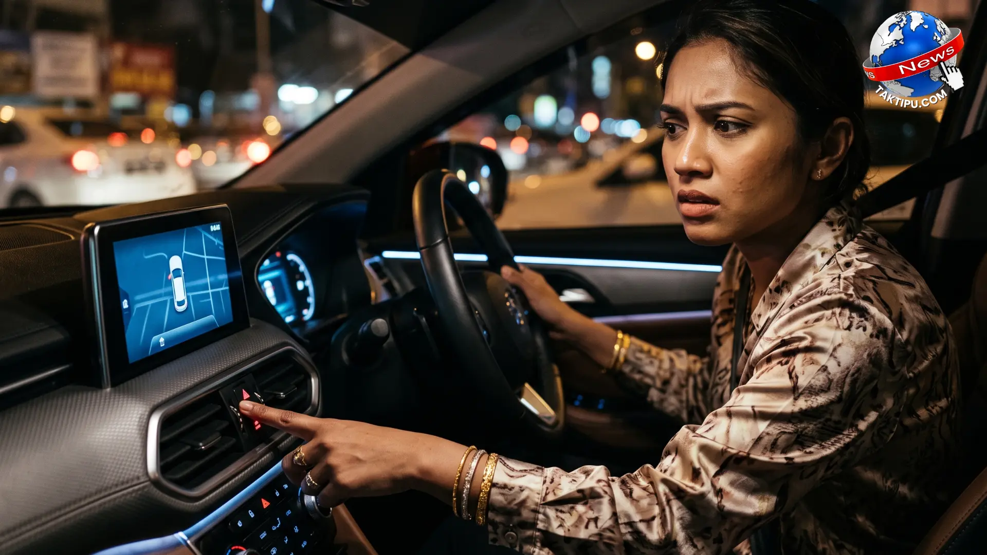 Foto realistik jarak dekat seorang wanita mengunci pintu kereta dari dalam dengan ekspresi wajah cemas. Kes samun taktik bius