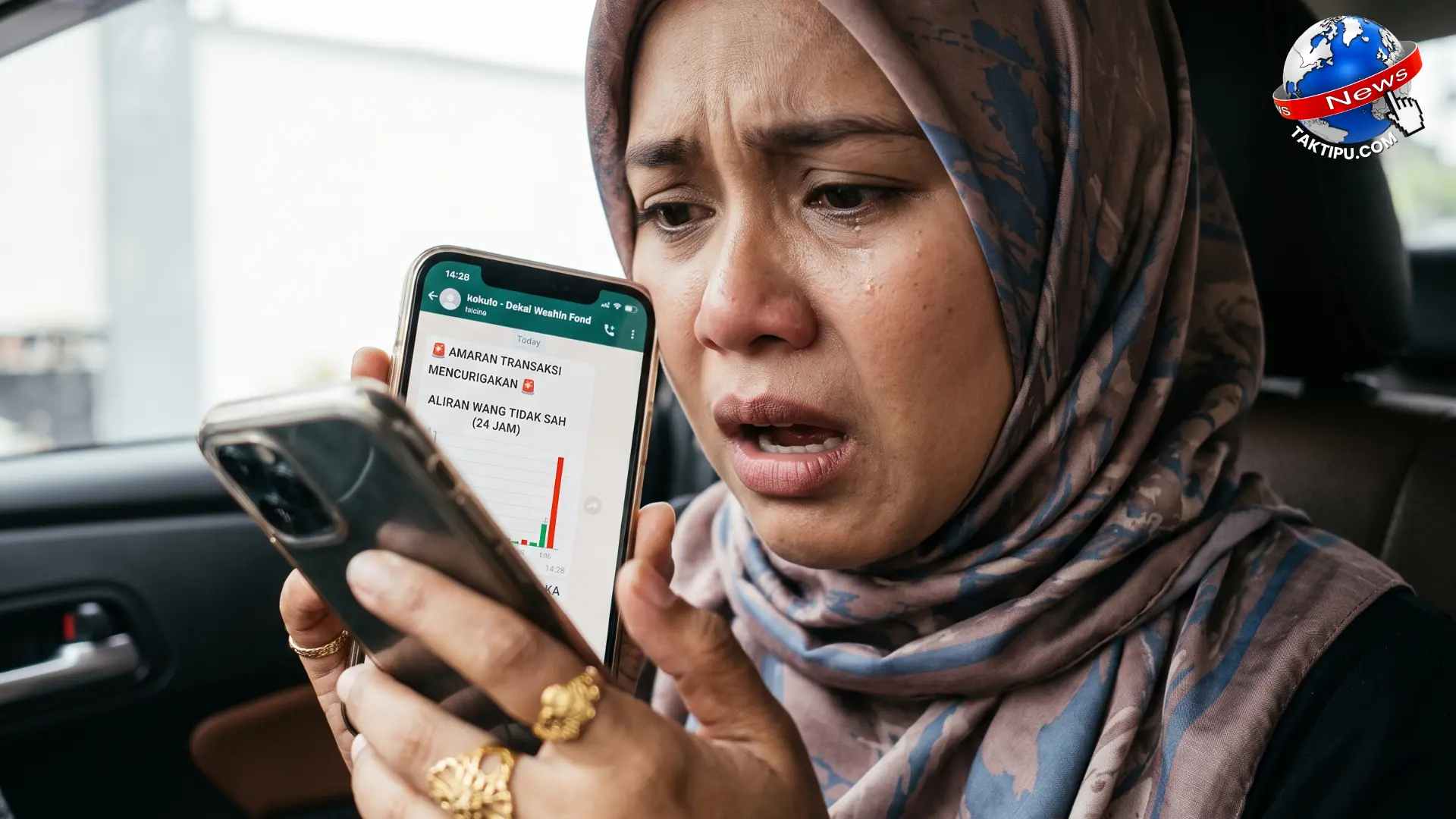 Foto realistik jarak dekat seorang wanita melihat skrin telefon pintar dengan riak wajah kecewa akibat penipuan sewa homestay palsu.