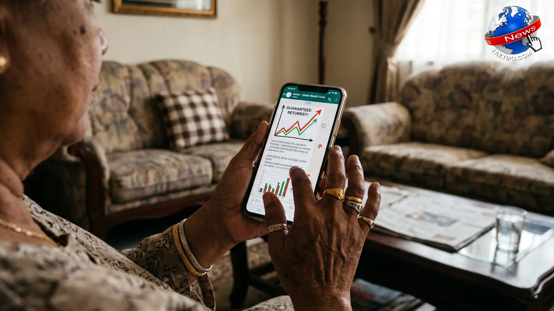 Foto realistik jarak dekat skrin telefon pintar memaparkan grafik carta saham palsu dalam aplikasi sembang telegram.