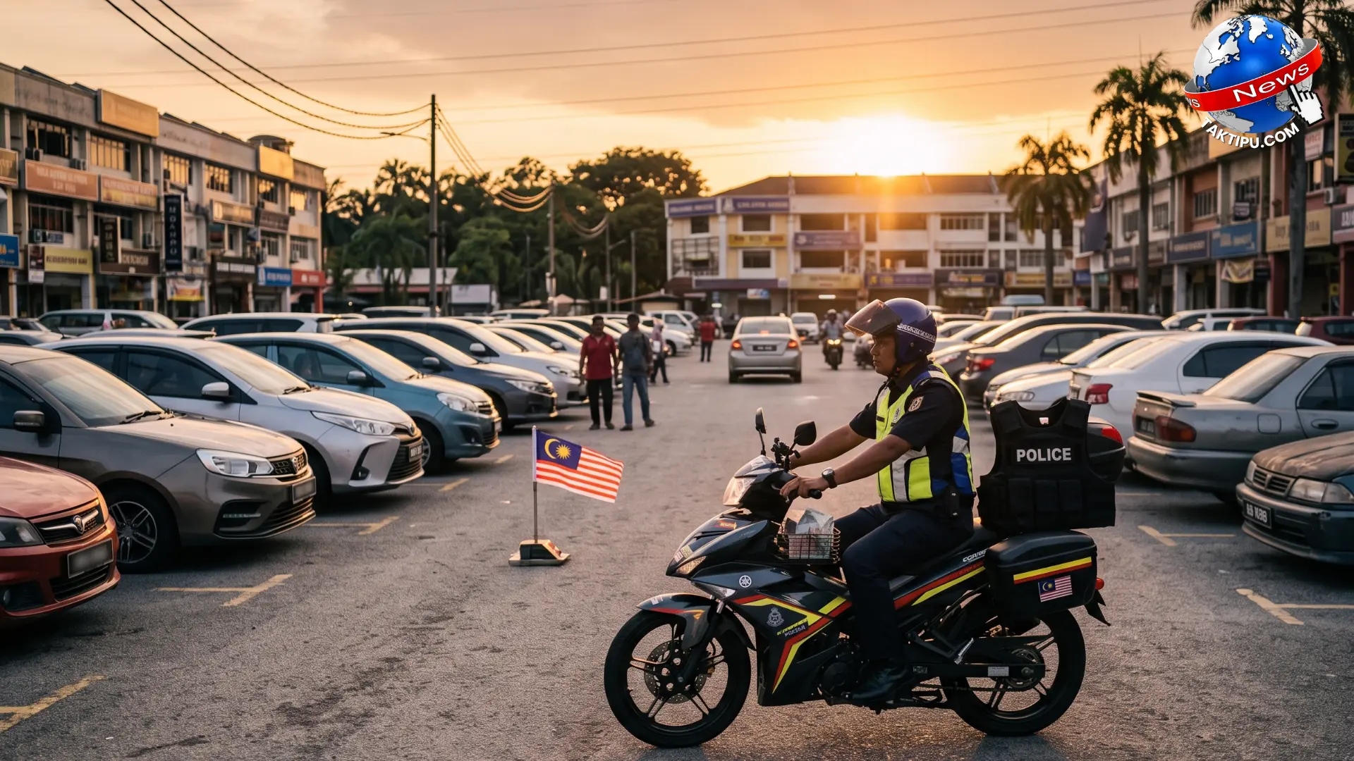 Gambar foto realistik pengawal keselamatan melakukan rondaan menaiki motosikal di kawasan parkir terbuka. Kes samun taktik bius