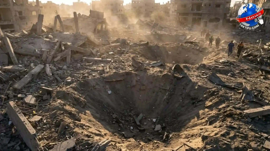 Gambar foto realistik kemusnahan bangunan kediaman sivil kesan daripada impak genosid Israel di Semenanjung Gaza selepas seribu hari.