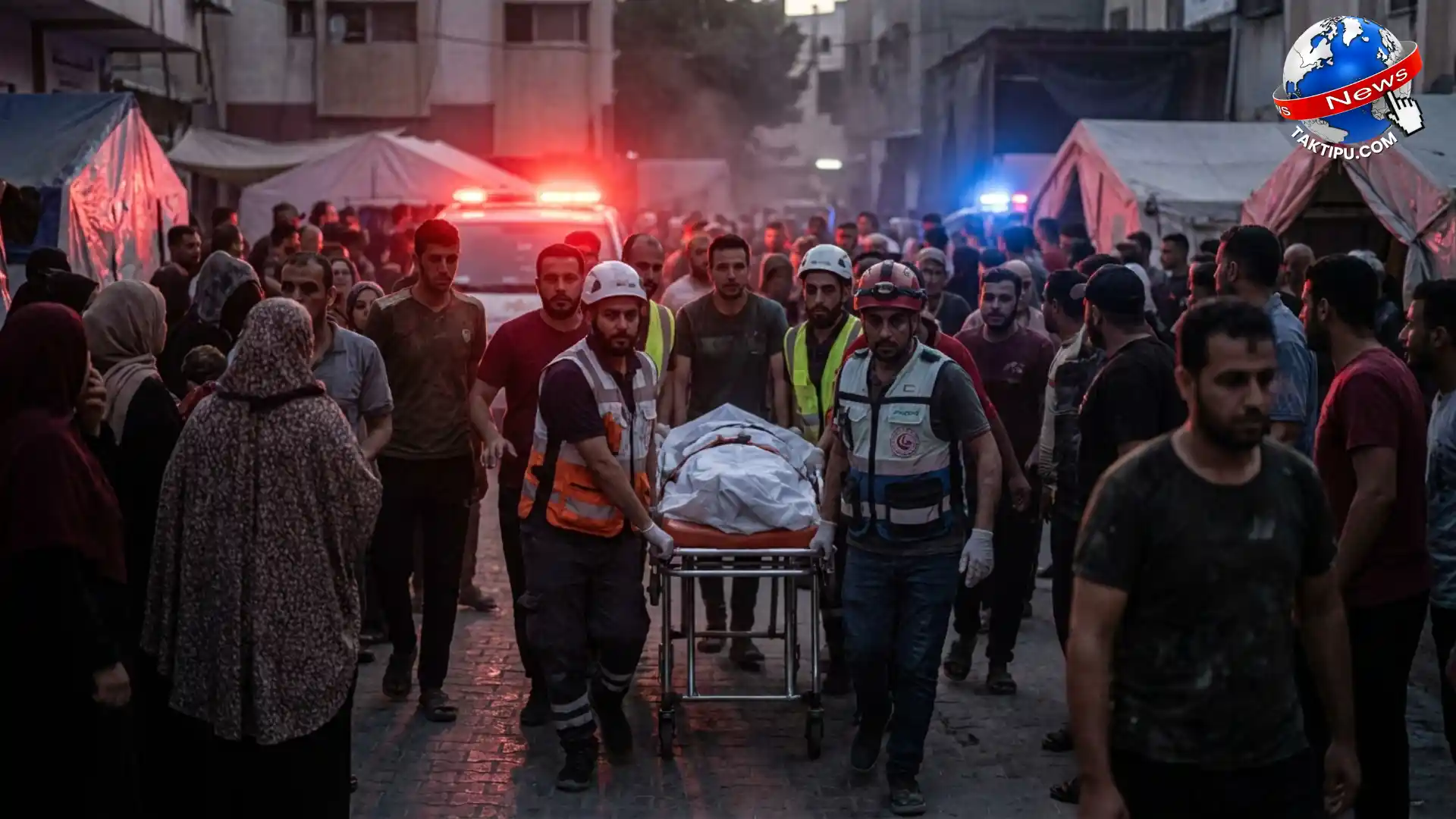 Foto realistik suasana cemas di perkarangan hospital menerima mangsa cedera susulan insiden ngeri serangan udara Israel.