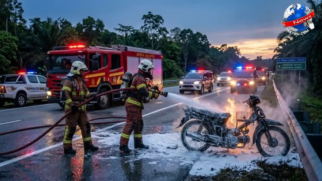 Gambar operasi pihak bomba memadamkan sebuah motosikal terbakar selepas dirempuh sebuah kenderaan di jalan raya utama