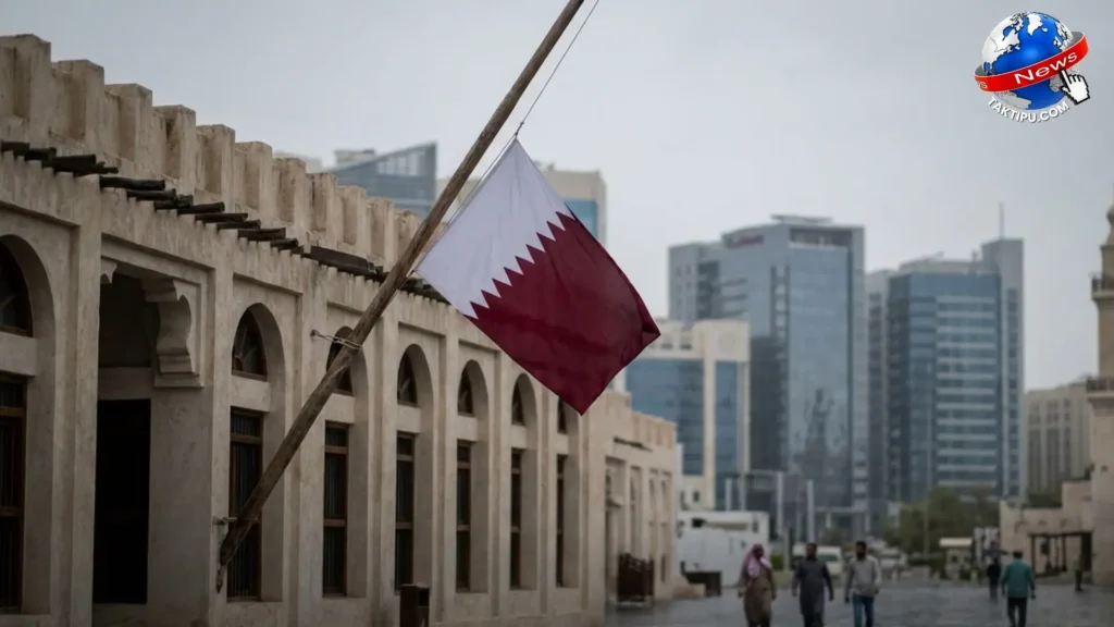 Gambar foto realistik bendera Qatar berkibar separuh tiang di atas bangunan rasmi sebagai tanda duka susulan berita pemergian Sheikh Hamad.