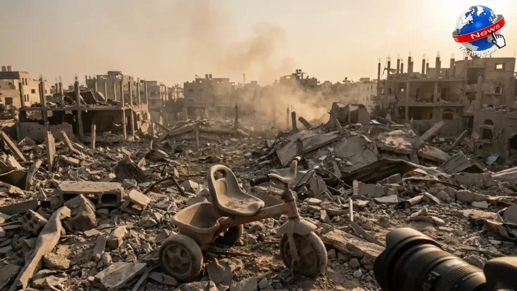 Gambar foto realistik kawasan runtuhan konkrit yang merujuk kepada ralat data rekod korban syahid gaza selepas seribu hari genosid Israel.