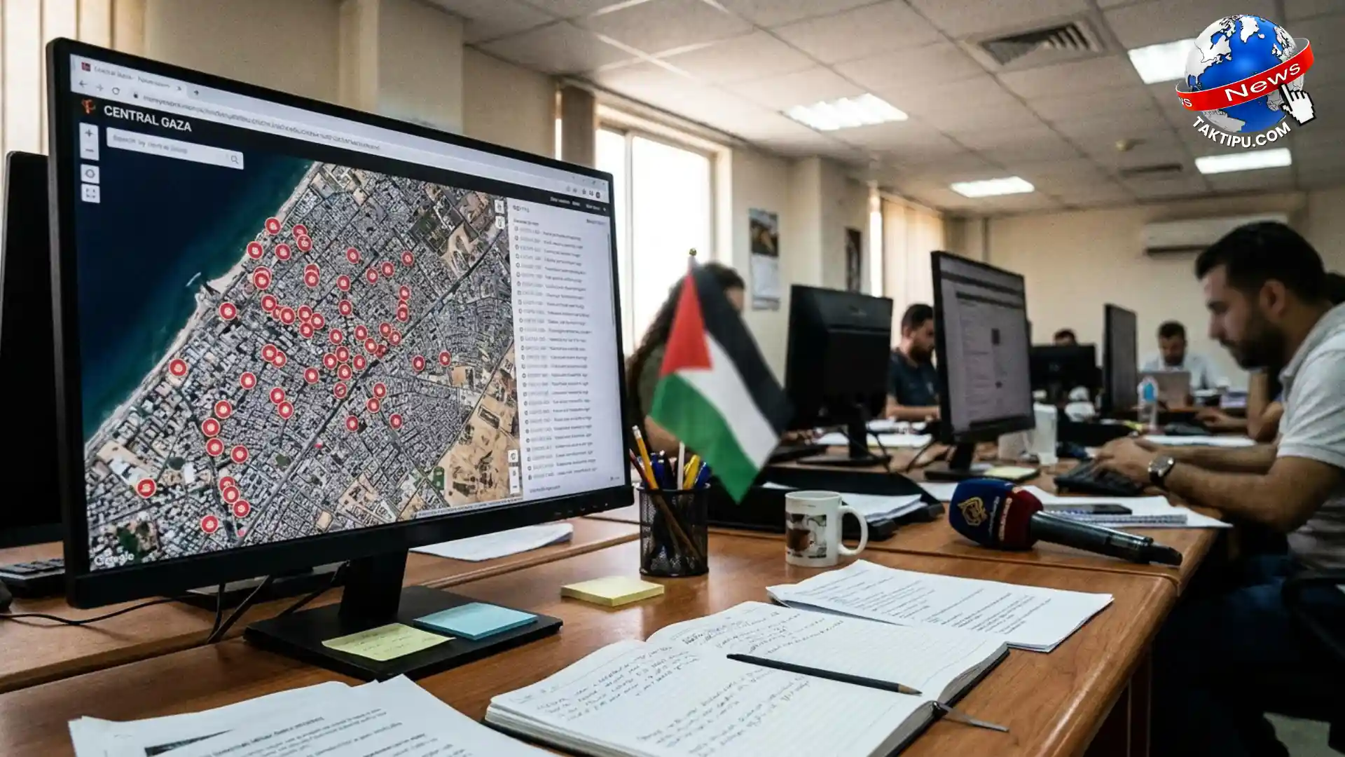 Gambar foto realistik paparan skrin komputer menunjukkan laporan analisis impak bom asap tentera Israel ke atas pelarian.
